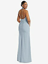 Rear View Thumbnail - Mist Plunge Neck Halter Backless Trumpet Gown with Front Slit