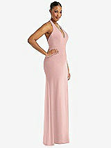 Side View Thumbnail - Rose - PANTONE Rose Quartz Plunge Neck Halter Backless Trumpet Gown with Front Slit