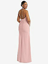 Rear View Thumbnail - Rose - PANTONE Rose Quartz Plunge Neck Halter Backless Trumpet Gown with Front Slit