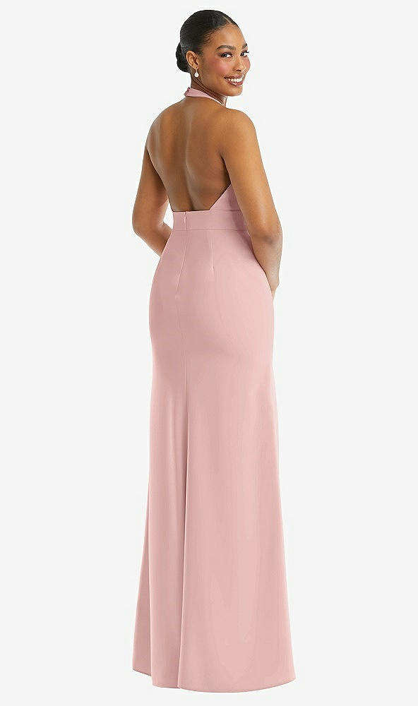 Back View - Rose - PANTONE Rose Quartz Plunge Neck Halter Backless Trumpet Gown with Front Slit