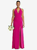 Alt View 2 Thumbnail - Think Pink Plunge Neck Halter Backless Trumpet Gown with Front Slit