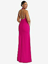 Rear View Thumbnail - Think Pink Plunge Neck Halter Backless Trumpet Gown with Front Slit