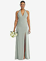 Alt View 2 Thumbnail - Willow Green Plunge Neck Halter Backless Trumpet Gown with Front Slit