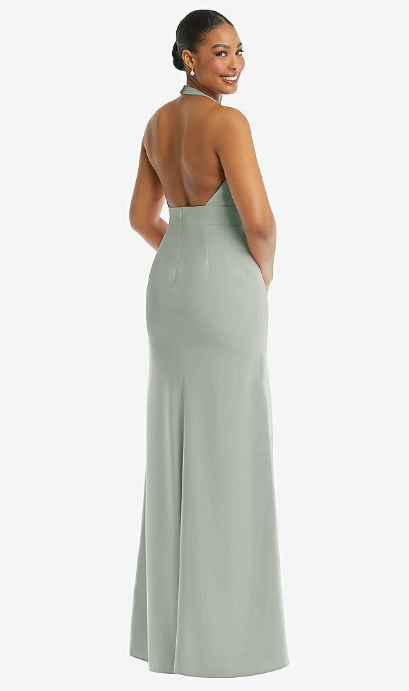 Back View - Willow Green Plunge Neck Halter Backless Trumpet Gown with Front Slit