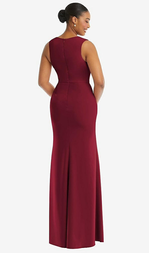 Back View - Burgundy Deep V-Neck Closed Back Crepe Trumpet Gown with Front Slit