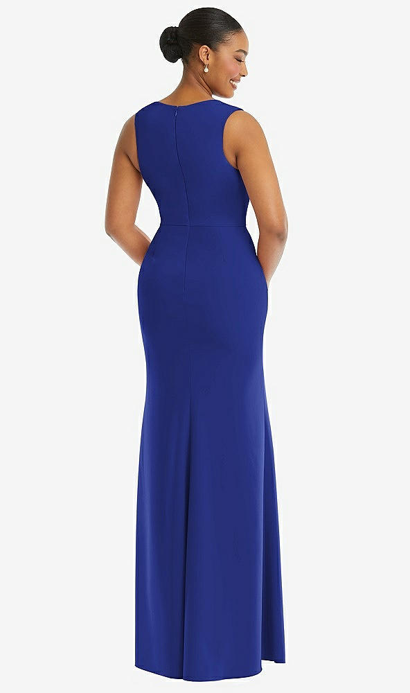 Back View - Cobalt Blue Deep V-Neck Closed Back Crepe Trumpet Gown with Front Slit