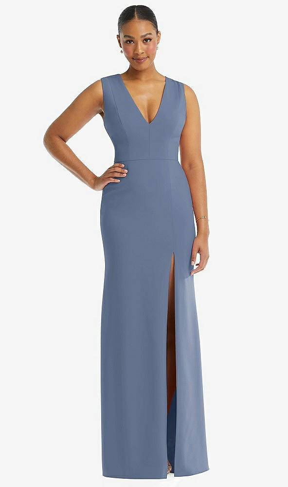 Front View - Larkspur Blue Deep V-Neck Closed Back Crepe Trumpet Gown with Front Slit