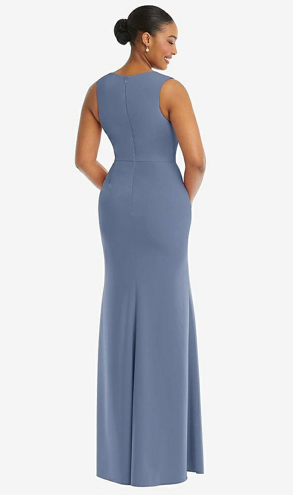 Back View - Larkspur Blue Deep V-Neck Closed Back Crepe Trumpet Gown with Front Slit