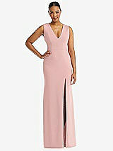 Front View Thumbnail - Rose - PANTONE Rose Quartz Deep V-Neck Closed Back Crepe Trumpet Gown with Front Slit