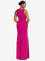 Rear View Thumbnail - Think Pink Deep V-Neck Closed Back Crepe Trumpet Gown with Front Slit