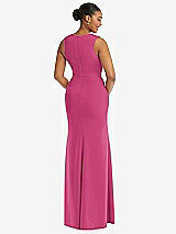 Rear View Thumbnail - Tea Rose Deep V-Neck Closed Back Crepe Trumpet Gown with Front Slit