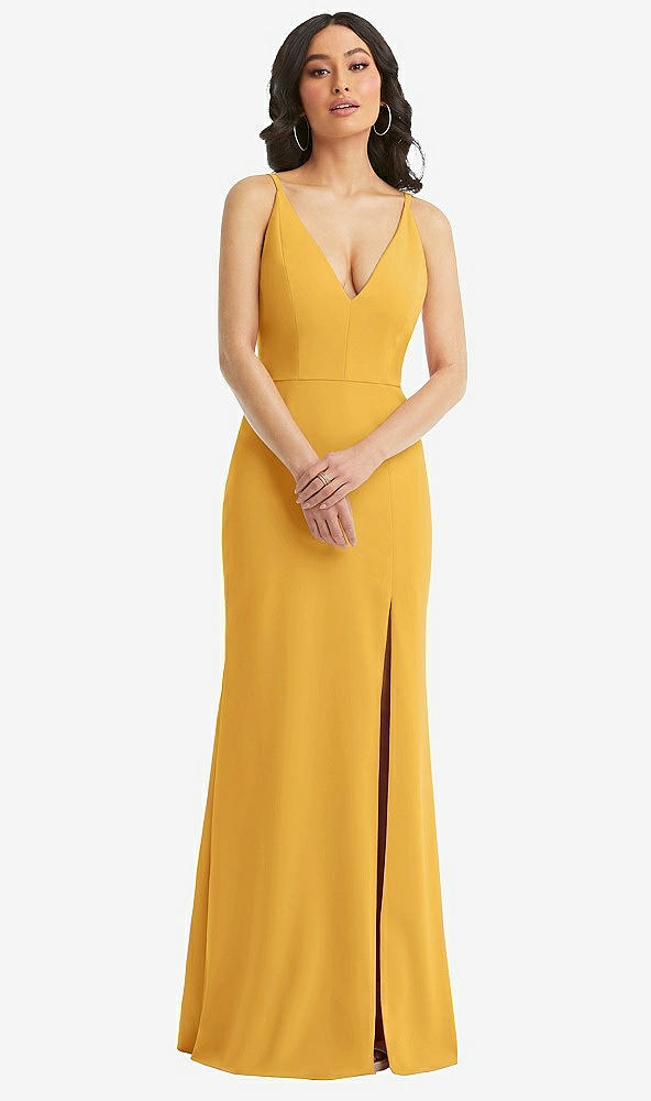 Front View - NYC Yellow Skinny Strap Deep V-Neck Crepe Trumpet Gown with Front Slit