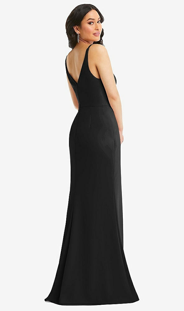 Back View - Black Skinny Strap Deep V-Neck Crepe Trumpet Gown with Front Slit