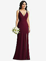 Alt View 1 Thumbnail - Cabernet Skinny Strap Deep V-Neck Crepe Trumpet Gown with Front Slit