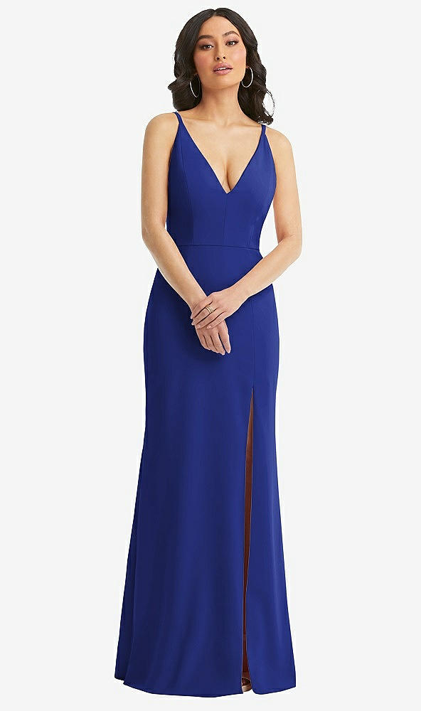 Front View - Cobalt Blue Skinny Strap Deep V-Neck Crepe Trumpet Gown with Front Slit