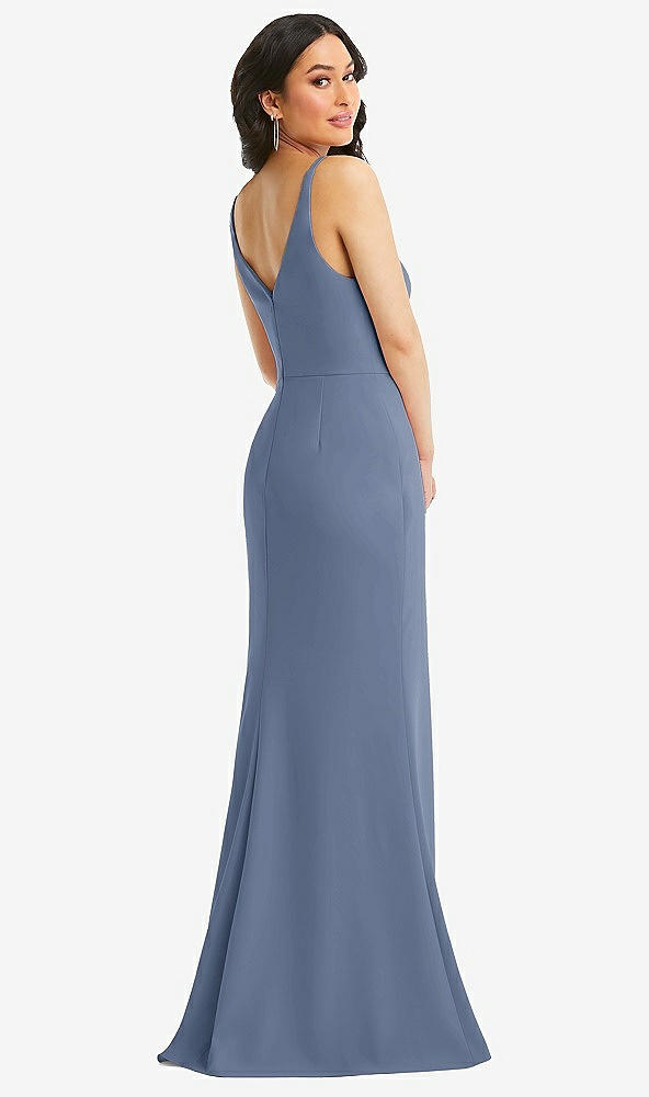 Back View - Larkspur Blue Skinny Strap Deep V-Neck Crepe Trumpet Gown with Front Slit