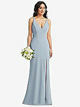 Alt View 1 Thumbnail - Mist Skinny Strap Deep V-Neck Crepe Trumpet Gown with Front Slit