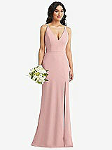 Alt View 1 Thumbnail - Rose - PANTONE Rose Quartz Skinny Strap Deep V-Neck Crepe Trumpet Gown with Front Slit