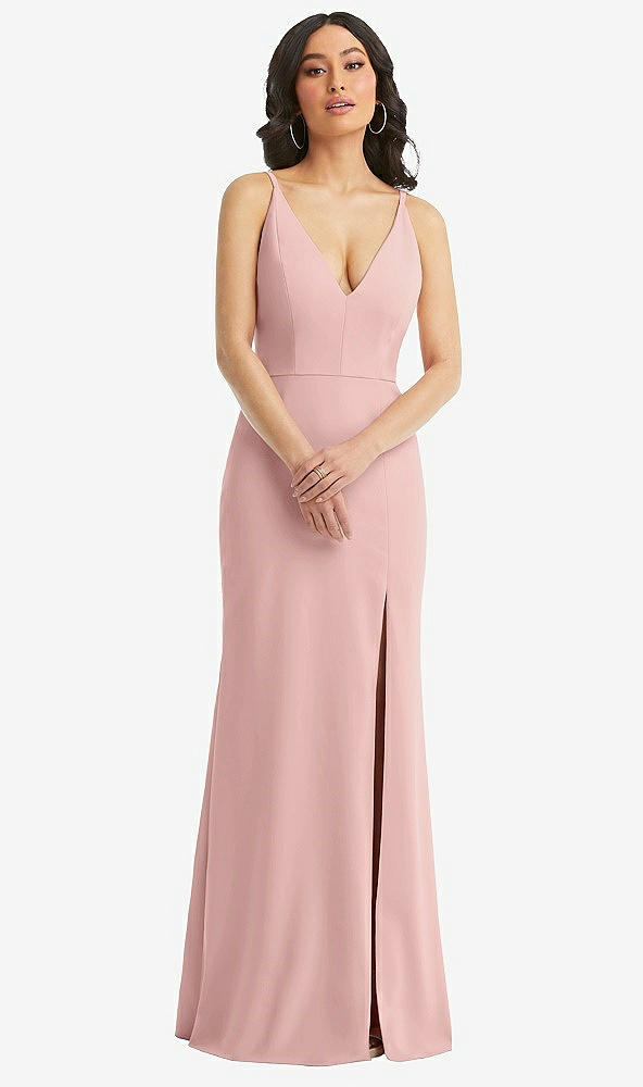 Front View - Rose - PANTONE Rose Quartz Skinny Strap Deep V-Neck Crepe Trumpet Gown with Front Slit