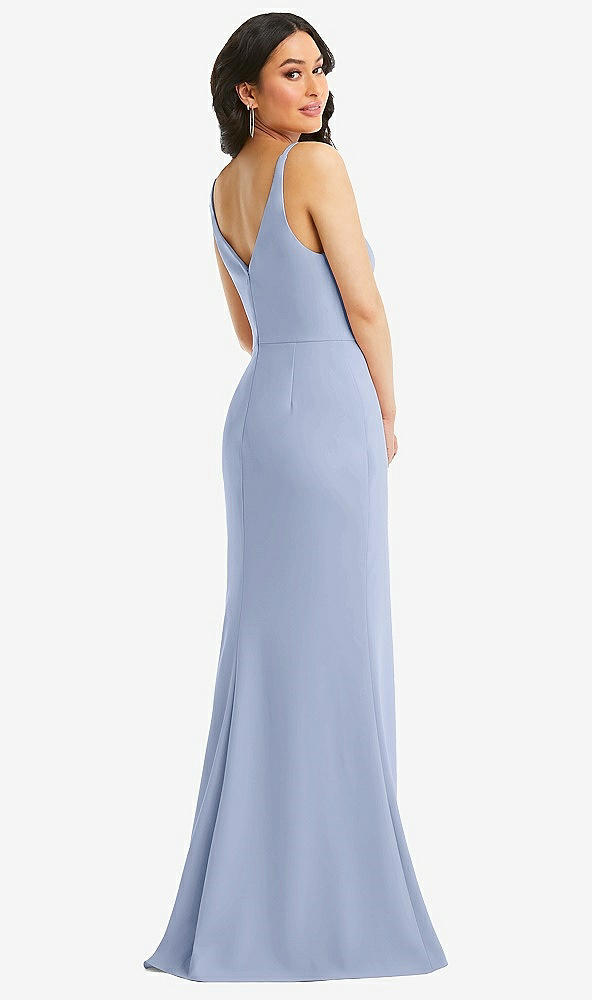 Back View - Sky Blue Skinny Strap Deep V-Neck Crepe Trumpet Gown with Front Slit