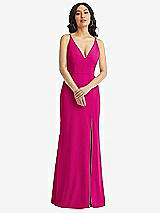 Front View Thumbnail - Think Pink Skinny Strap Deep V-Neck Crepe Trumpet Gown with Front Slit