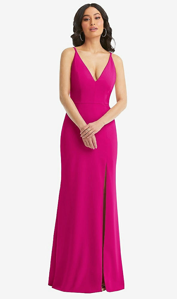 Front View - Think Pink Skinny Strap Deep V-Neck Crepe Trumpet Gown with Front Slit