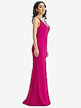 Side View Thumbnail - Think Pink Skinny Strap Deep V-Neck Crepe Trumpet Gown with Front Slit