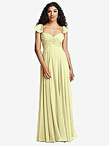 Rear View Thumbnail - Butter Yellow Shirred Cross Bodice Lace Up Open-Back Maxi Dress with Flutter Sleeves