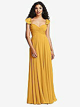 Rear View Thumbnail - NYC Yellow Shirred Cross Bodice Lace Up Open-Back Maxi Dress with Flutter Sleeves