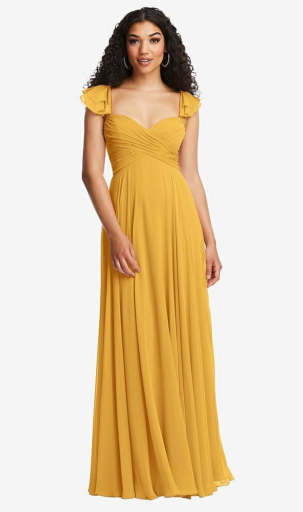 Back View - NYC Yellow Shirred Cross Bodice Lace Up Open-Back Maxi Dress with Flutter Sleeves