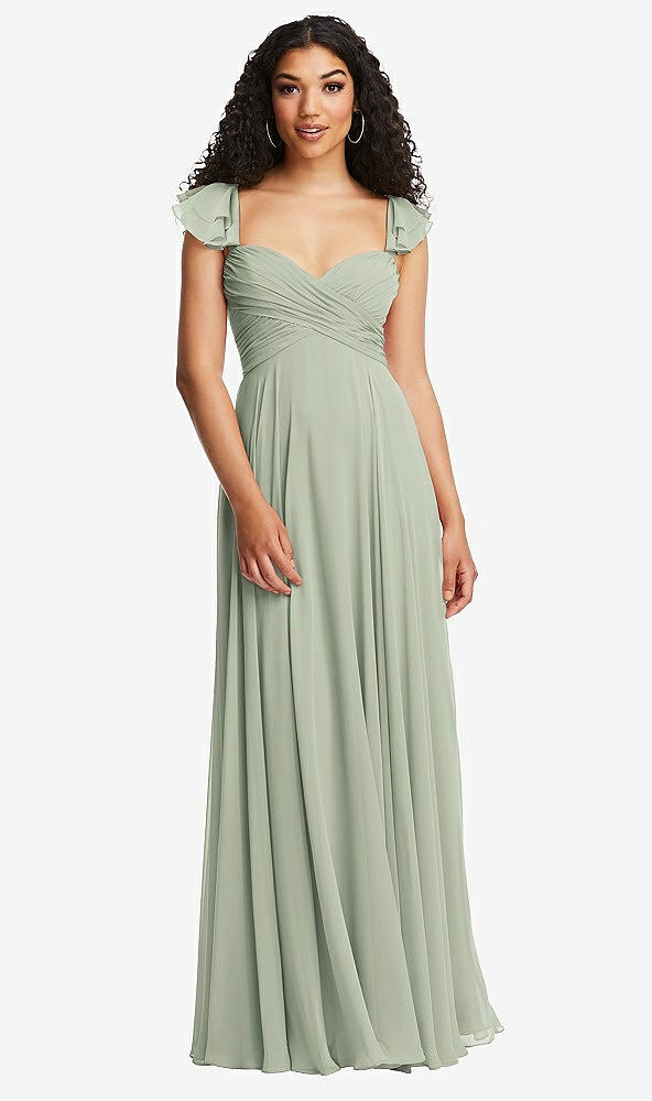 Back View - Celadon Shirred Cross Bodice Lace Up Open-Back Maxi Dress with Flutter Sleeves