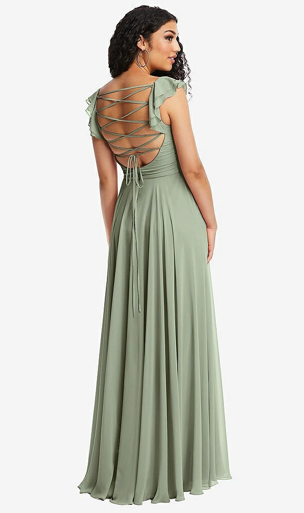 Front View - Sage Shirred Cross Bodice Lace Up Open-Back Maxi Dress with Flutter Sleeves