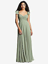 Rear View Thumbnail - Sage Shirred Cross Bodice Lace Up Open-Back Maxi Dress with Flutter Sleeves