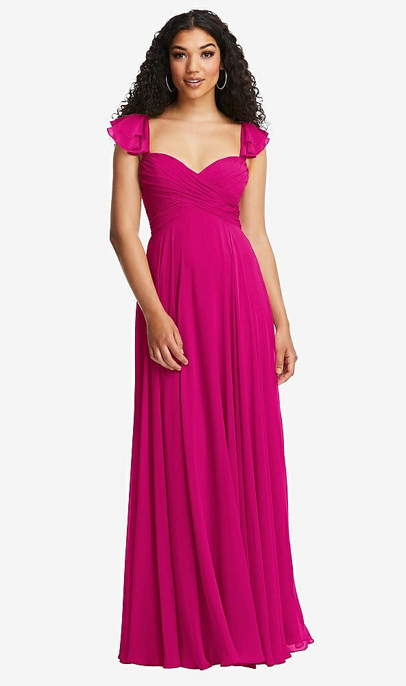 Back View - Think Pink Shirred Cross Bodice Lace Up Open-Back Maxi Dress with Flutter Sleeves