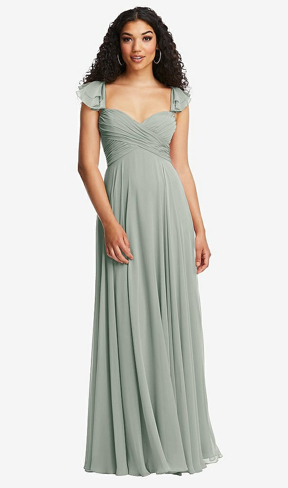 Back View - Willow Green Shirred Cross Bodice Lace Up Open-Back Maxi Dress with Flutter Sleeves