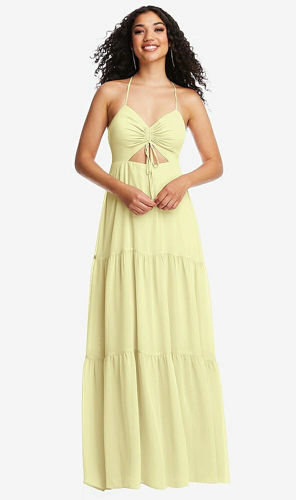 Front View - Butter Yellow Drawstring Bodice Gathered Tie Open-Back Maxi Dress with Tiered Skirt