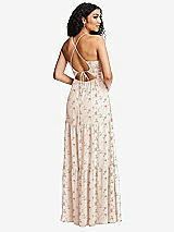 Rear View Thumbnail - Coquette Floral Print Drawstring Bodice Gathered Tie Open-Back Maxi Dress with Tiered Skirt