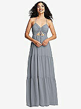 Front View Thumbnail - Platinum Drawstring Bodice Gathered Tie Open-Back Maxi Dress with Tiered Skirt