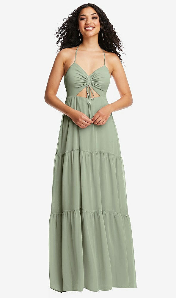 Front View - Sage Drawstring Bodice Gathered Tie Open-Back Maxi Dress with Tiered Skirt