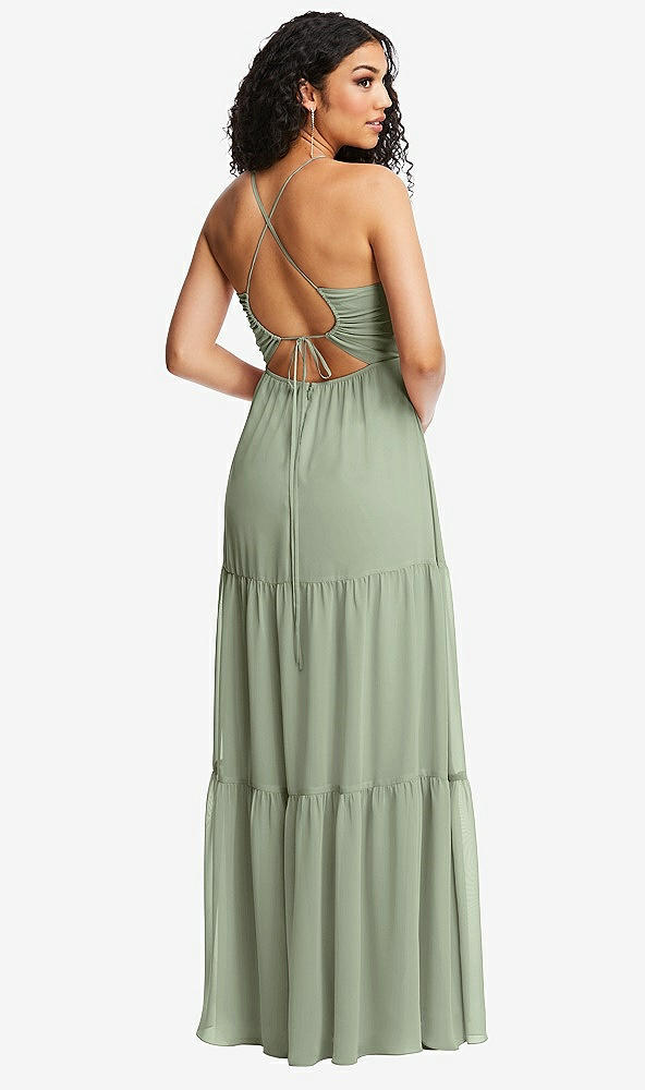 Back View - Sage Drawstring Bodice Gathered Tie Open-Back Maxi Dress with Tiered Skirt