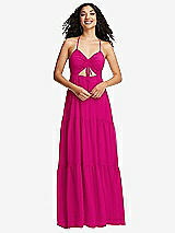 Front View Thumbnail - Think Pink Drawstring Bodice Gathered Tie Open-Back Maxi Dress with Tiered Skirt