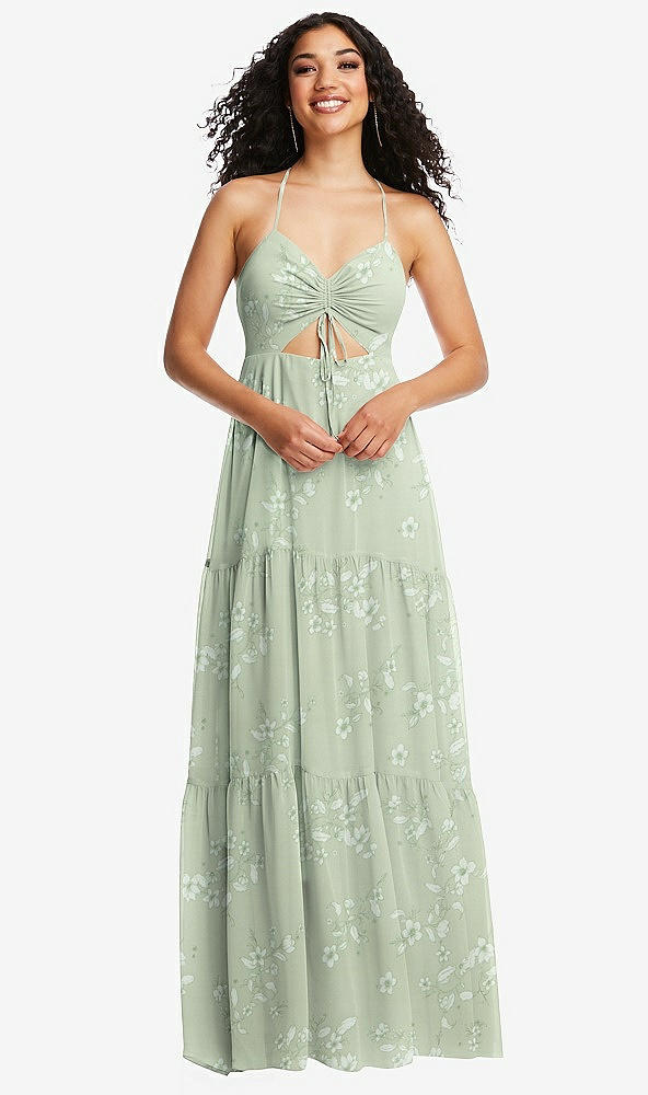 Front View - Vintage Primrose Sage Drawstring Bodice Gathered Tie Open-Back Maxi Dress with Tiered Skirt