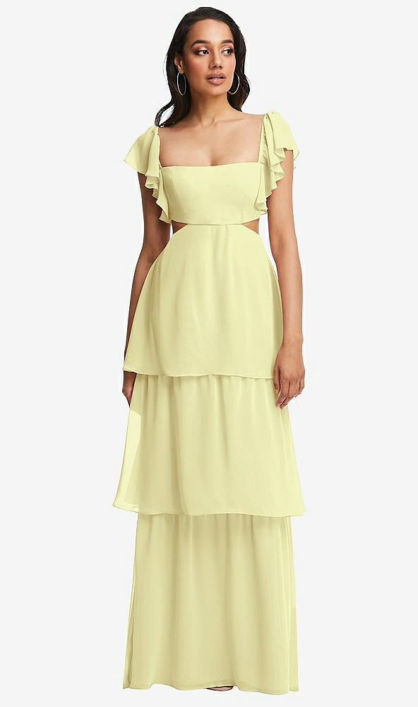 Front View - Butter Yellow Flutter Sleeve Cutout Tie-Back Maxi Dress with Tiered Ruffle Skirt