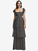 Front View Thumbnail - Caviar Gray Flutter Sleeve Cutout Tie-Back Maxi Dress with Tiered Ruffle Skirt