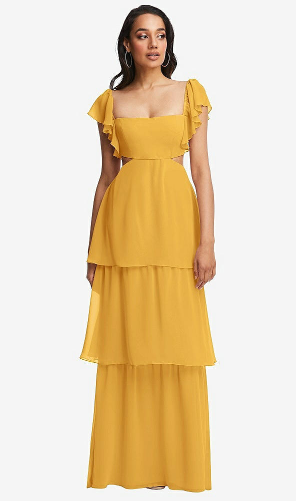 Front View - NYC Yellow Flutter Sleeve Cutout Tie-Back Maxi Dress with Tiered Ruffle Skirt