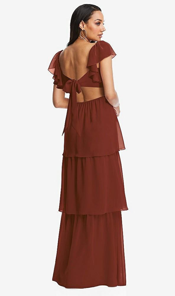 Back View - Auburn Moon Flutter Sleeve Cutout Tie-Back Maxi Dress with Tiered Ruffle Skirt