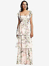 Front View Thumbnail - Blush Garden Flutter Sleeve Cutout Tie-Back Maxi Dress with Tiered Ruffle Skirt