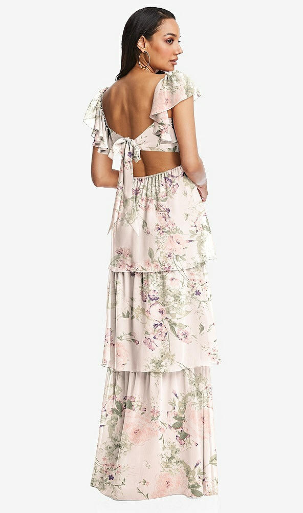 Back View - Blush Garden Flutter Sleeve Cutout Tie-Back Maxi Dress with Tiered Ruffle Skirt