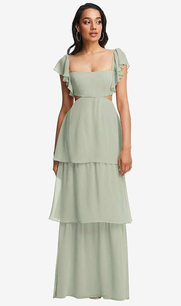 Front View - Celadon Flutter Sleeve Cutout Tie-Back Maxi Dress with Tiered Ruffle Skirt