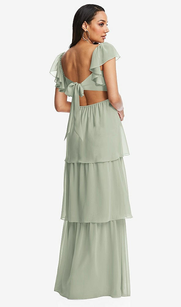 Back View - Celadon Flutter Sleeve Cutout Tie-Back Maxi Dress with Tiered Ruffle Skirt